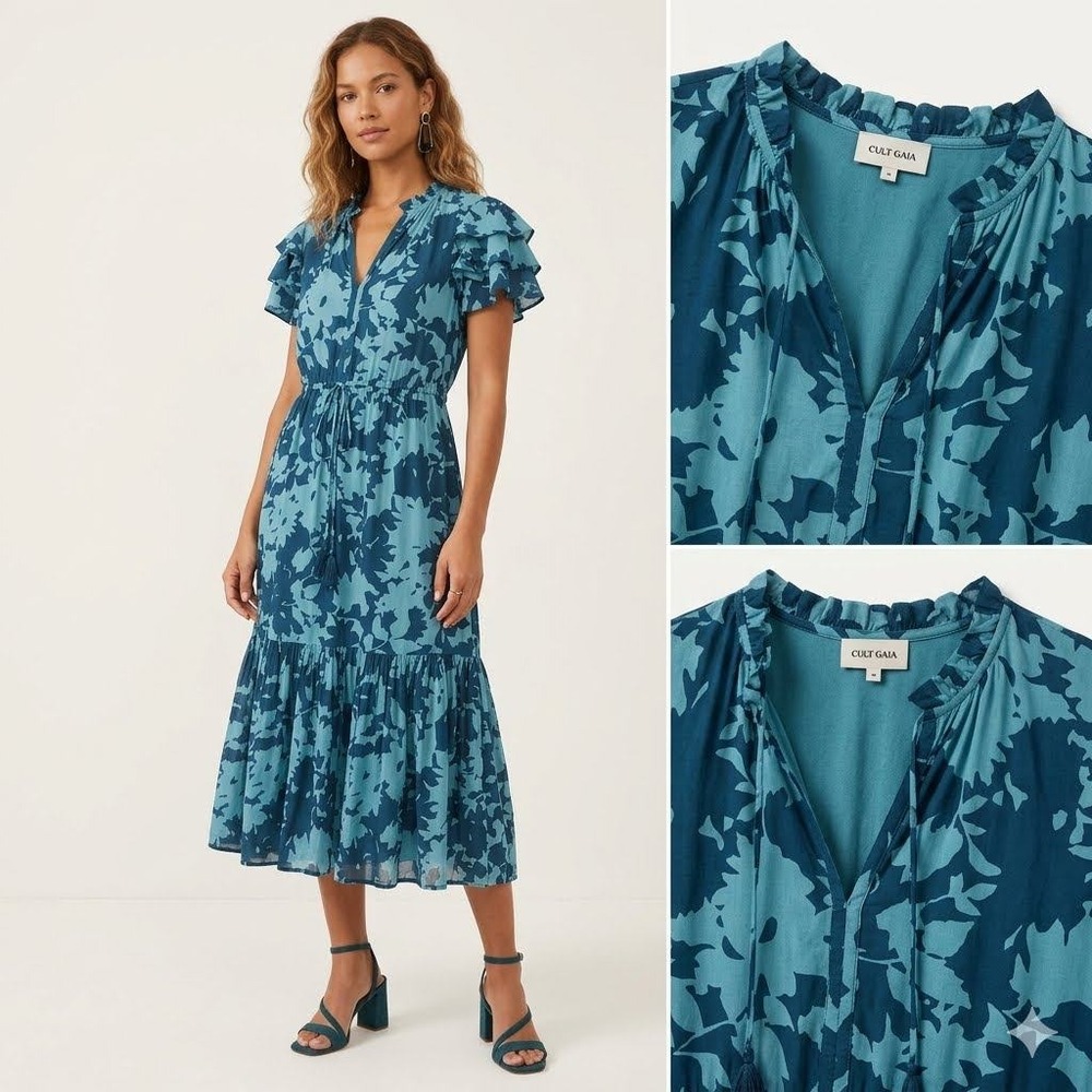 Olivia James Blue Floral Cotton Midi Dress Ruffle Neck Flutter Sleeve L
